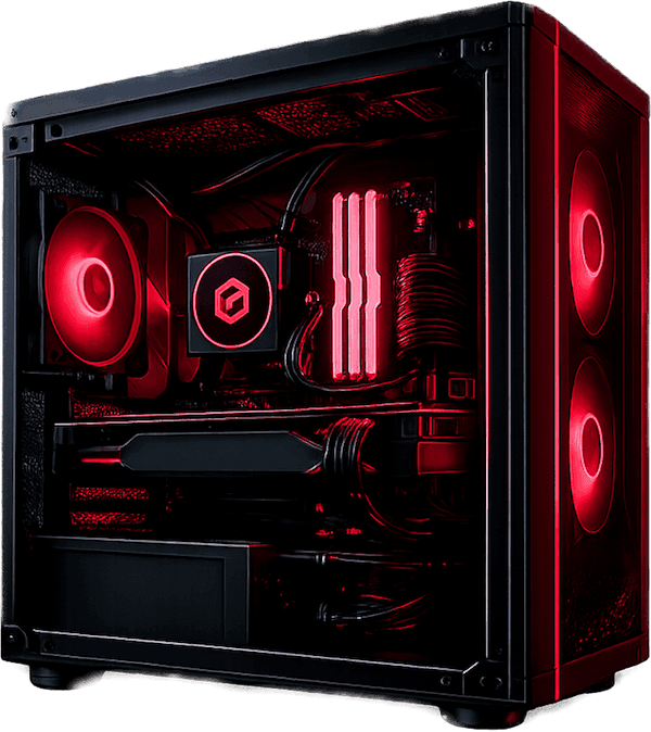 Black high-end tower PC with glowing red lights